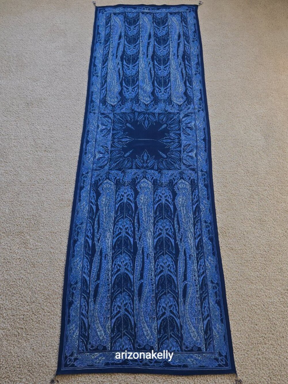 NWOT Blue Silk Oblong Scarf With Beads on Each Corner - Picture 13 of 16